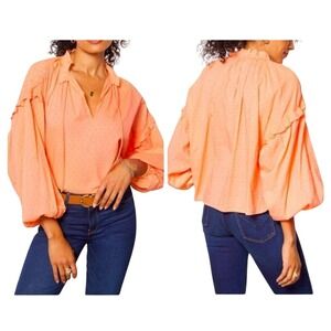 Cleobella Phoenix Peasant Blouse Organic Cotton Coral Lagenlook Balloon Sleeve S